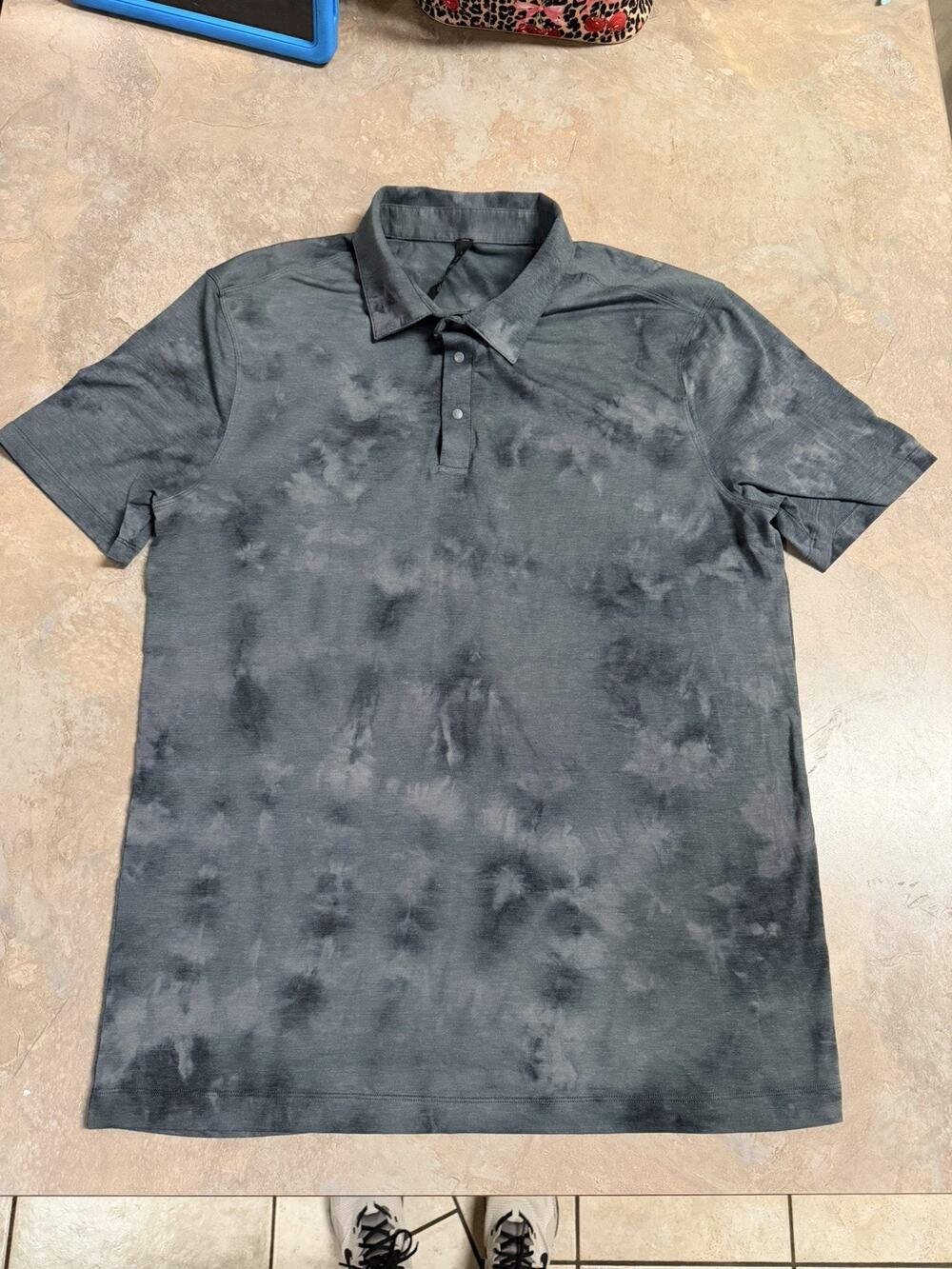 Lululemon Evolution Gray Polo Shirt Short Sleeve Tie Dye Wash Mens Size Large